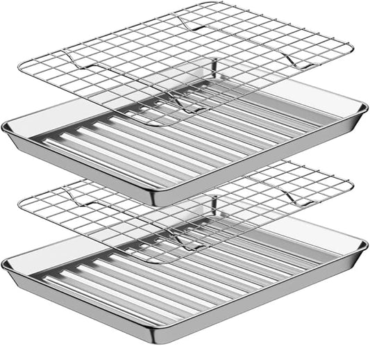 ROTTAY Small Baking Sheet Pan with Wire Rack Set [2 Pans + 2 Racks], 1/8 Stainless Steel Cookie Sheets for Oven, Warp Resistant & Heavy Duty & Rust Free, Size 9 x 7 x 1 Inches by Rottay