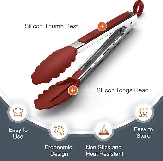 Tribal Cooking Kitchen Tongs with Silicone Tips - Stainless Steel tongs for cooking - 9" and 12" Tongs With Silicone Rubber Grips, Small and Large - Metal BBQ Tongs with Locking (Red) - Image 4