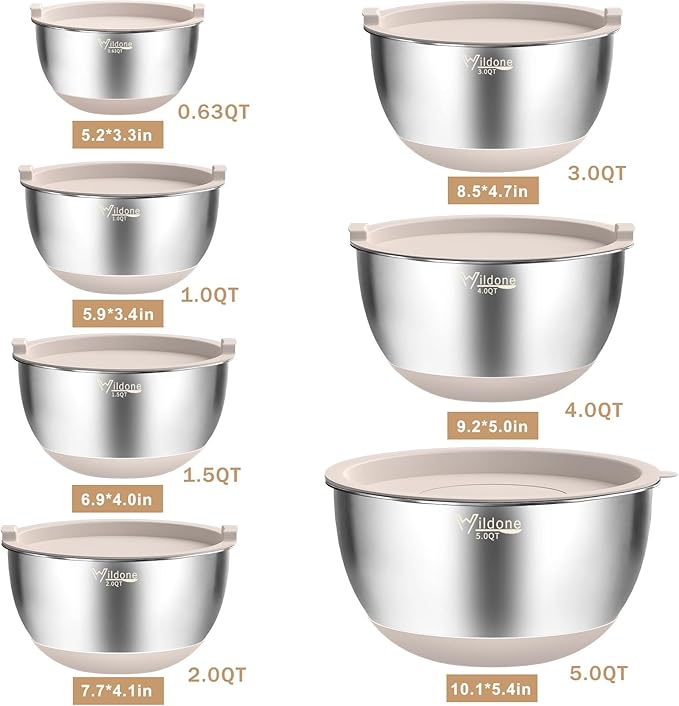 Wildone Mixing Bowls with Airtight Lids, 27 PCS Stainless Steel Nesting Bowls, with 3 Grater Attachments, Scale Mark & Non-Slip Bottom, Size 5, 4, 3, 2, 1.5, 1, 0.63QT, Ideal for Mixing & Prepping - Image 7