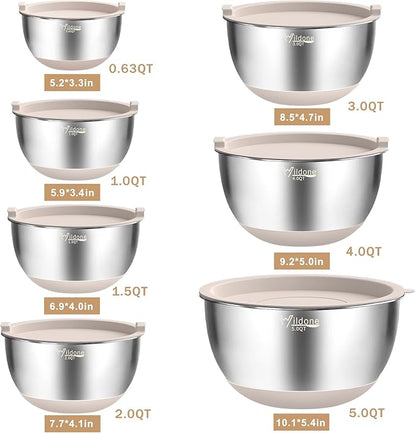 Wildone Mixing Bowls with Airtight Lids, 27 PCS Stainless Steel Nesting Bowls, with 3 Grater Attachments, Scale Mark & Non-Slip Bottom, Size 5, 4, 3, 2, 1.5, 1, 0.63QT, Ideal for Mixing & Prepping - Image 7