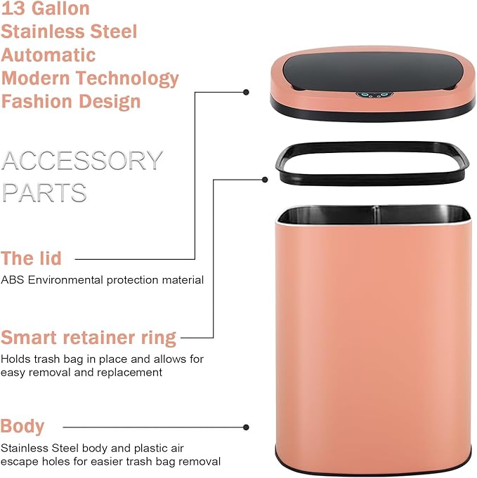 Bigacc 13 Gallon Stainless Steel Trash Can Automatic Trash Can Garbage Can Bathroom Garbage Can with Lid for Kitchen Living Room Office Bathroom, Electronic Motion Sensor Automatic, Pink - Image 3