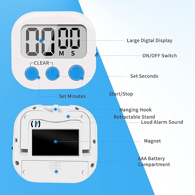 LinkDm 6 Pack Small Digital Kitchen Timer Magnetic Back and ON/Off Switch,Minute Second Count Up Countdown, White - Image 4
