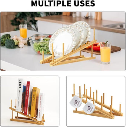 4 PCS Wooden Dish Drying Rack Bamboo Plate Dish Rack Stand Kitchen Cabinet Organizer Pot Lid Holder for Plate, Dish, Cup, Cutting Board, Bowl, Pot Lid - Image 4