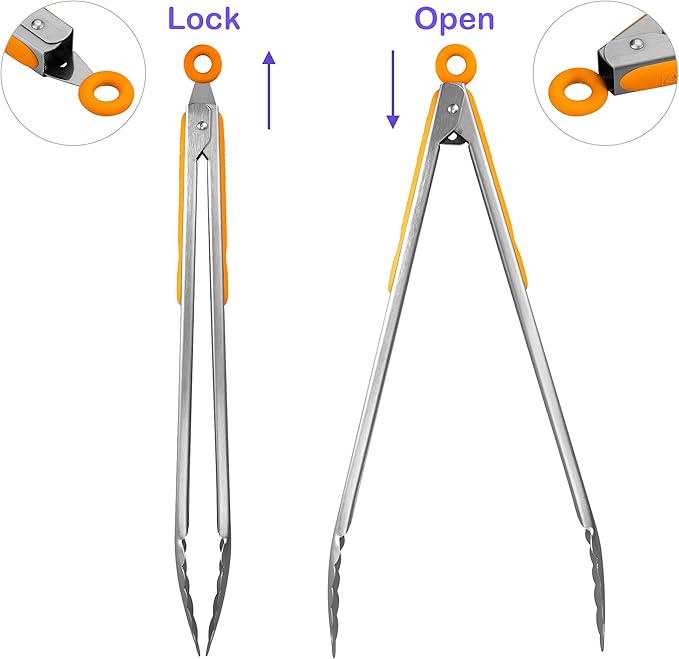 304 Stainless Steel Kitchen Cooking Tongs, 14" and 16" Set of 2 Sturdy Grilling Barbeque Brushed Locking Food Tongs with Ergonomic Grip, Orange - Image 3