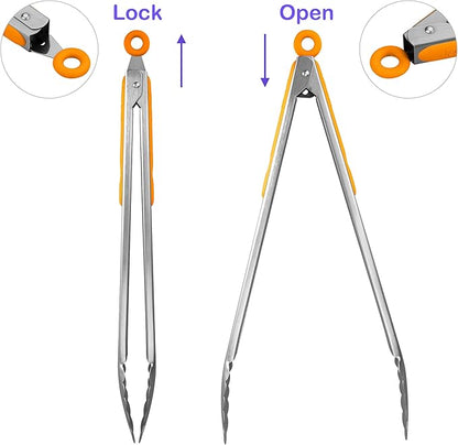 304 Stainless Steel Kitchen Cooking Tongs, 14" and 16" Set of 2 Sturdy Grilling Barbeque Brushed Locking Food Tongs with Ergonomic Grip, Orange - Image 3
