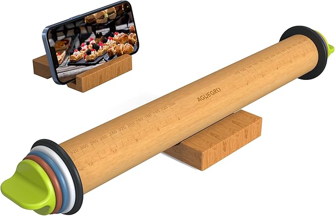Rolling Pin with Adjustable Thickness Ring, Dough Thickness for Baking, Fondant, Pizza, Crust, Cookies, Pastry, 13.6" Wooden Rolling Pin with 4 Multi-Color Thickness Rings and Wooden Stand by Aguegro