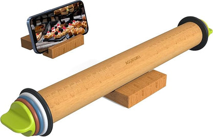 Rolling Pin with Adjustable Thickness Ring, Dough Thickness for Baking, Fondant, Pizza, Crust, Cookies, Pastry, 13.6" Wooden Rolling Pin with 4 Multi-Color Thickness Rings and Wooden Stand by Aguegro