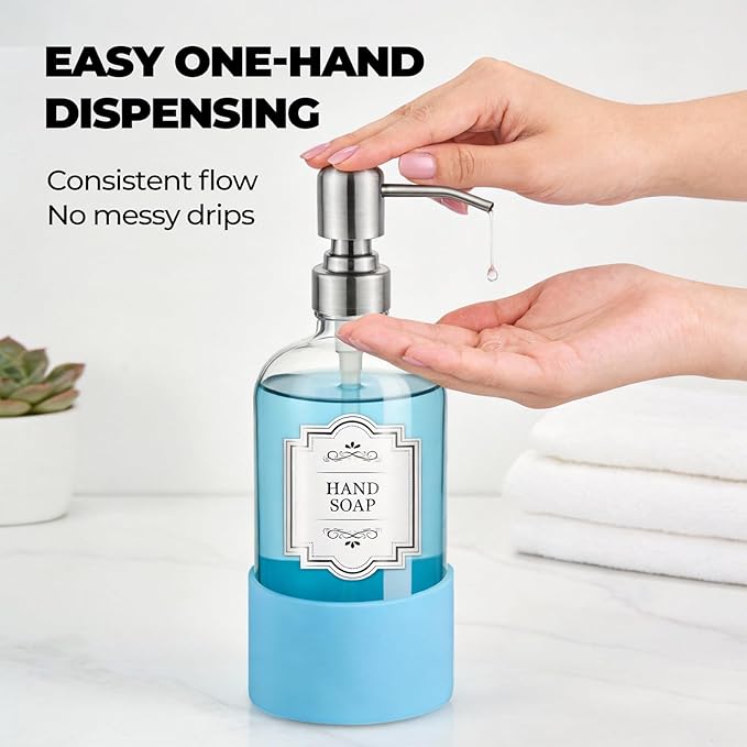 16 oz Hand and Dish Soap Dispenser Set for Kitchen and Bathroom, 500ml Clear Glass Soap Dispenser with Stainless Steel Pump, Non-Slip Silicone Sleeves, Labels - 2 Pack