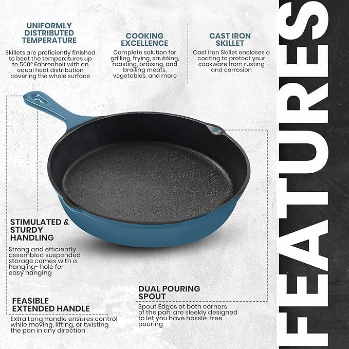 Utopia Kitchen Saute Fry Pan - Pre-Seasoned Cast Iron Skillet Set 3-Piece - Frying Pan - 6 Inch, 8 Inch and 10 Inch Cast Iron Set - Cooking Gift for Men & Women (Teal) - Image 4