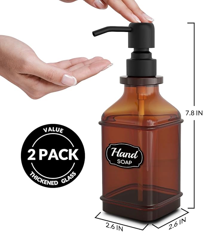 LMQML Soap Dispenser - 2 Pack, Antique Design Thick Amber Glass Hand Soap Dispensers with Sturdy Tray; 304 Rust Proof Stainless Steel Black Pump, 12Pcs Stickers, for Kitchen, Bathroom- Black - Image 3