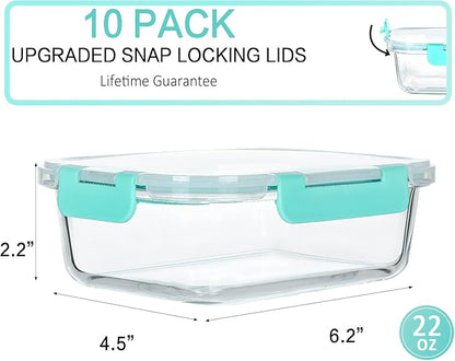 M MCIRCO 10-Pack 22 Oz Glass Meal Prep Containers with Lids - Microwave, Oven, Freezer & Dishwasher Safe - Green - Image 2