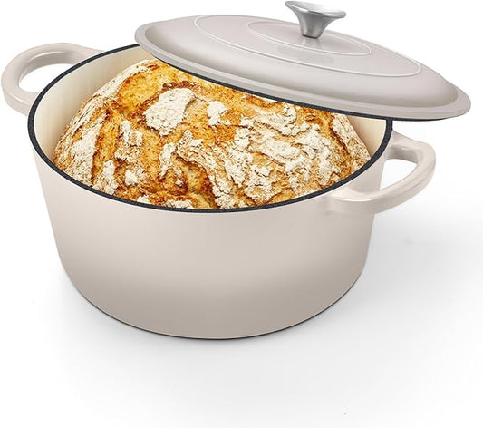 TeamFar 5Qt Dutch Oven, Enameled Cast Iron Dutch Oven with Lid & Dual Handles for Cooking Baking Braising Simmering, Healthy & Sturdy, Oven & Various Stovetops Safe, Non-stick & Easy Clean - Khaki by TeamFar