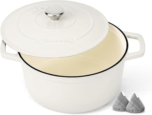 Ciwete Enameled Cast Iron Dutch Oven – 4.4 Quart Pot with Lid & Potholders – Heavy-Duty Cookware for Bread Baking, Braising, Stews & Roasting – Oven & Stovetop Safe up to 500°F – Off White