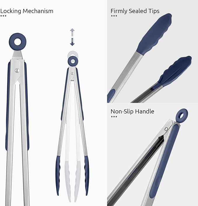 600ºF Heat Resistant Kitchen Tongs: U-Taste 12 inch Large Silicone Cooking Tong with Non Stick Rubber Tips & Silicon Coated 18/8 Stainless Steel Handle & Smooth Lock for Serving Grill (Midnight Blue) - Image 6
