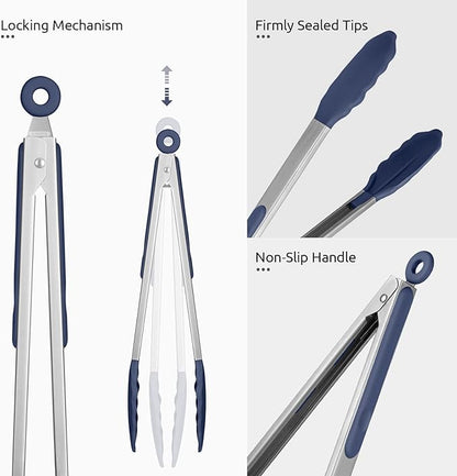 600ºF Heat Resistant Kitchen Tongs: U-Taste 12 inch Large Silicone Cooking Tong with Non Stick Rubber Tips & Silicon Coated 18/8 Stainless Steel Handle & Smooth Lock for Serving Grill (Midnight Blue) - Image 6