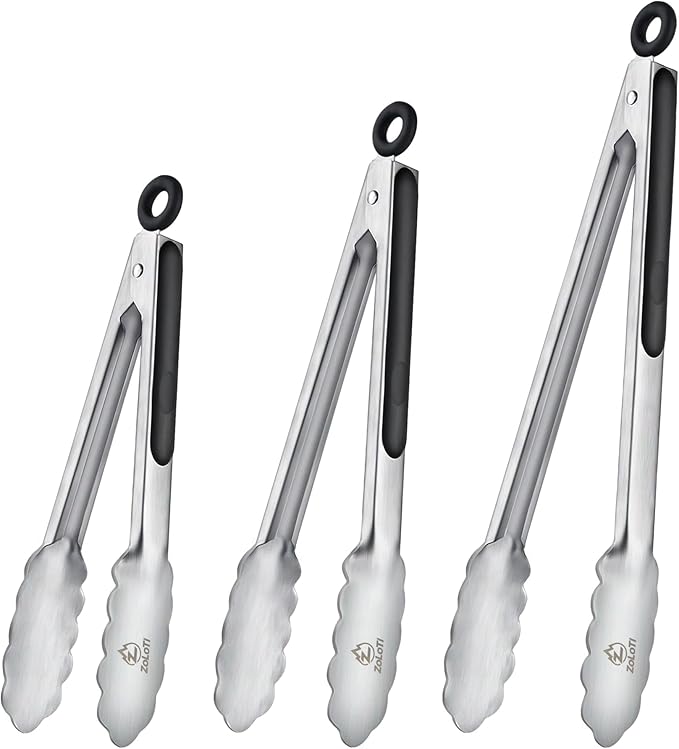 3 PCS Kitchen Tongs Set, Stainless Steel with Silicone Grips, 12, 9 & 7 Inch, Lockable Heat Resistant for Grill Camping Cooking BBQ