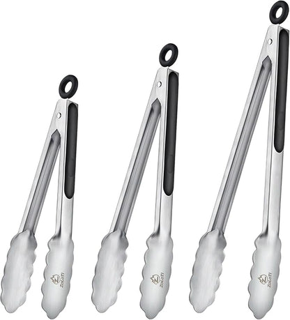 3 PCS Kitchen Tongs Set, Stainless Steel with Silicone Grips, 12, 9 & 7 Inch, Lockable Heat Resistant for Grill Camping Cooking BBQ