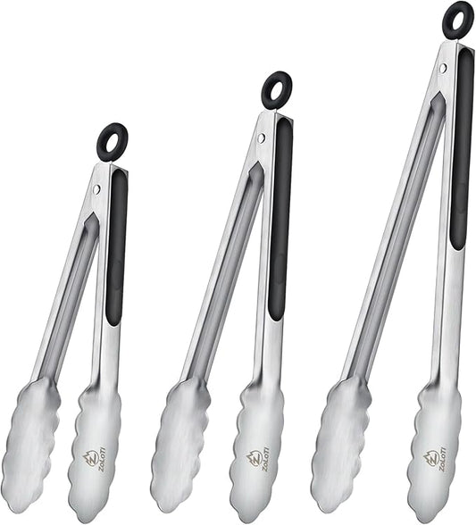 3 PCS Kitchen Tongs Set, Stainless Steel with Silicone Grips, 12, 9 & 7 Inch, Lockable Heat Resistant for Grill Camping Cooking BBQ