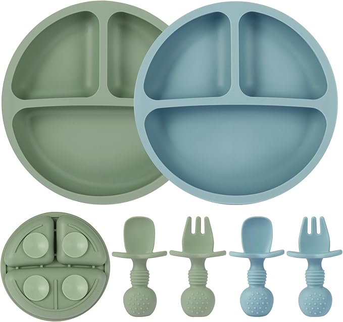 Eascrozn 2 Pack Baby Plates with Suction, 2 Pack Silicone Forks and Spoons Set, Baby Led Weaning Supplies, BPA Free, Toddler Utensils for Feeding Essentials by Eascrozn