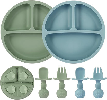 Eascrozn 2 Pack Baby Plates with Suction, 2 Pack Silicone Forks and Spoons Set, Baby Led Weaning Supplies, BPA Free, Toddler Utensils for Feeding Essentials by Eascrozn