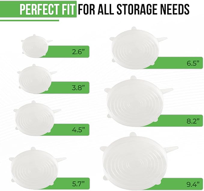 Reusable Silicone Stretch Lids for Food Storage in Fridge - Elastic Heat-Resistant Bowl Covers, Cups, Cans, Jars - Universal Food Grade Lid for Round and Rectangle Containers - Dishwasher Safe -7 Pack - Image 8