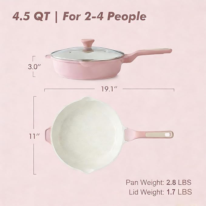 SENSARTE Nonstick Ceramic Skillet with Lid 11-inch, 4.5QT Non Toxic Deep Frying Pan, Saute Pan with Lid, Stay-cool Handle, Healthy Cooking Pot, Induction Compatible, Pink - Image 6