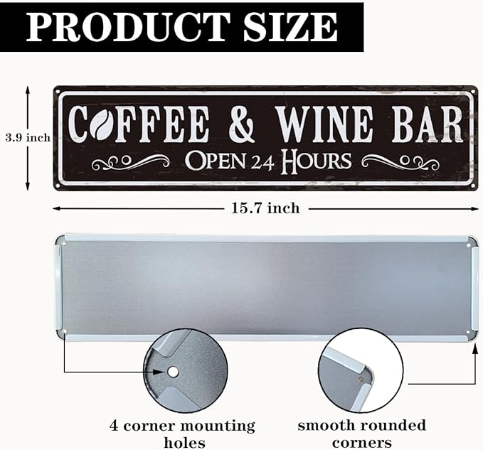 Coffee and Wine Bar Decor, Coffee & Wine Bar Open 24 Hours Sign, Retro Metal Tin Sign, Rustic Farmhouse Wall Decoration, Vintage Home Decor for Kitchen, Coffees Station Decors, 15.8x4 Inches - Image 2