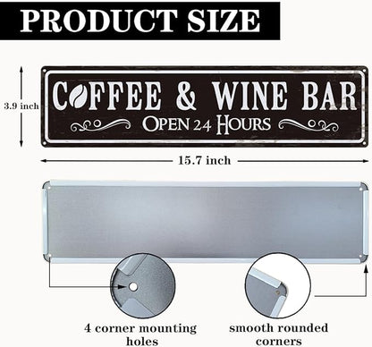 Coffee and Wine Bar Decor, Coffee & Wine Bar Open 24 Hours Sign, Retro Metal Tin Sign, Rustic Farmhouse Wall Decoration, Vintage Home Decor for Kitchen, Coffees Station Decors, 15.8x4 Inches - Image 2