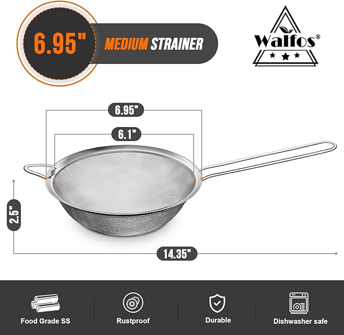 Walfos 6.95 Inch Fine Mesh Strainers, Premium Stainless Steel Colanders and Sifters, with Reinforced Frame and Sturdy Handle, Perfect for Sift, Strain, Drain and Rinse Vegetables, Pastas and Tea - Image 2