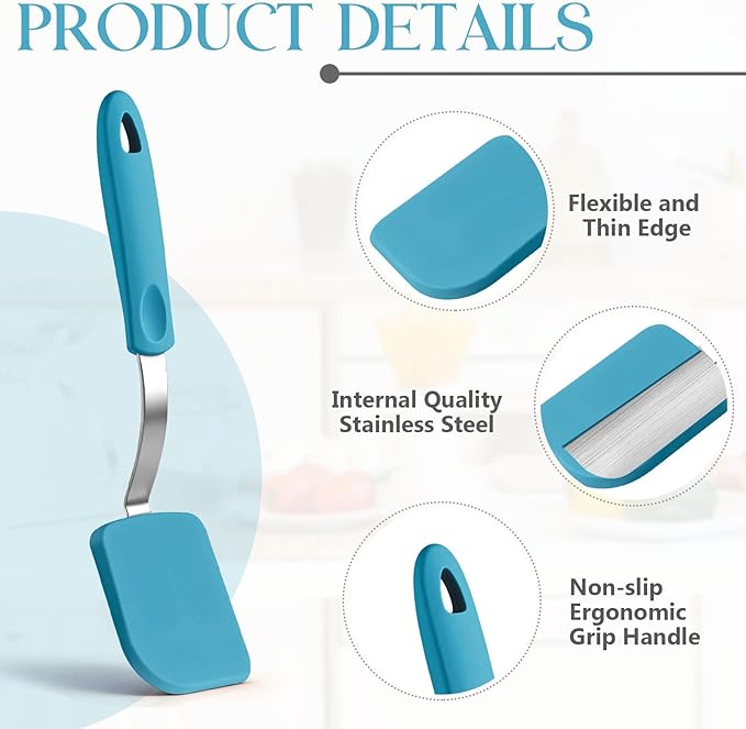 Silicone Cookie Spatula Turner 2 Pack Mini Brownie Spatula Flexible Kitchen Small Silicone Turner for Nonstick Cookware Heat Resistant No Scratch Flipper for Egg Pancake(Light Blue) - Image 3