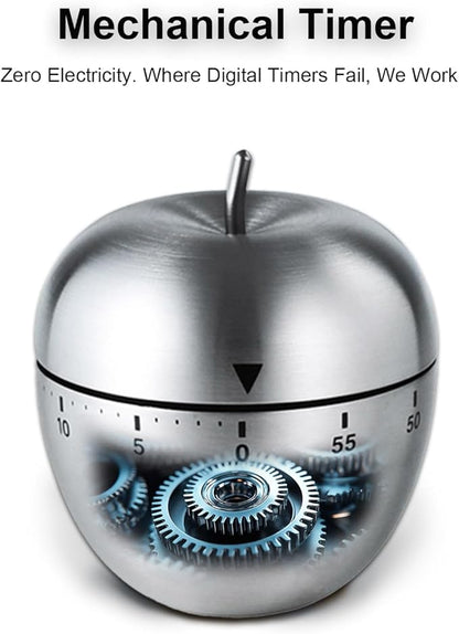 Kitchen Timer for Cooking, 60 Minutes Mechanical Timer - No Batteries Required, Stainless Steel Apple-Shape Cute Countdown Clock for Cooking, Learning, Exercises, Gaming