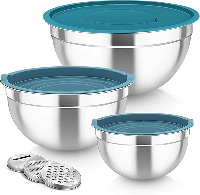 TeamFar Mixing Bowls, Stainless Steel Nesting Salad Bowls with Lids Set of 3 & 3 Grater Attachments, For Mixing/Serving/Storing, Non-toxic & Long-lasting, Size 4.6/3 / 1.5 QT, Navy Blue by TeamFar