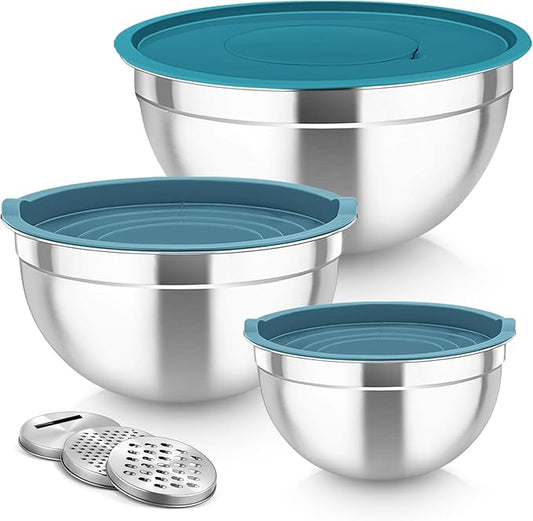TeamFar Mixing Bowls, Stainless Steel Nesting Salad Bowls with Lids Set of 3 & 3 Grater Attachments, For Mixing/Serving/Storing, Non-toxic & Long-lasting, Size 4.6/3 / 1.5 QT, Navy Blue by TeamFar