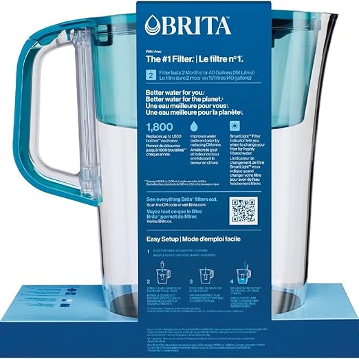 Brita Tahoe Large 10 Cup Water Filter Pitcher with Smart Light Filter Reminder and 1 Standard Filter- Transparent Teal