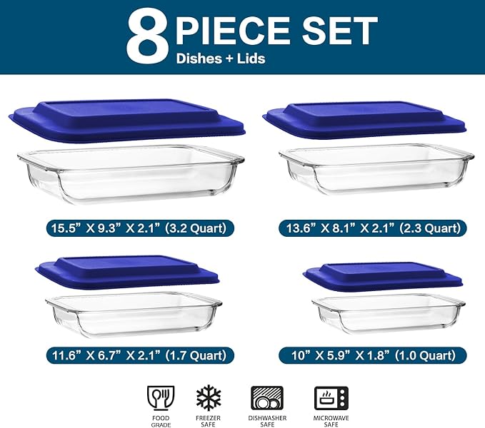 8-Piece Glass Baking Dish Set with Plastic lids,Rectangular Glass Bakeware Set with Lids, Baking Pans for Lasagna, Leftovers, Cooking, Kitchen, Freezer-to-Oven and Dishwasher, Blue - Image 2