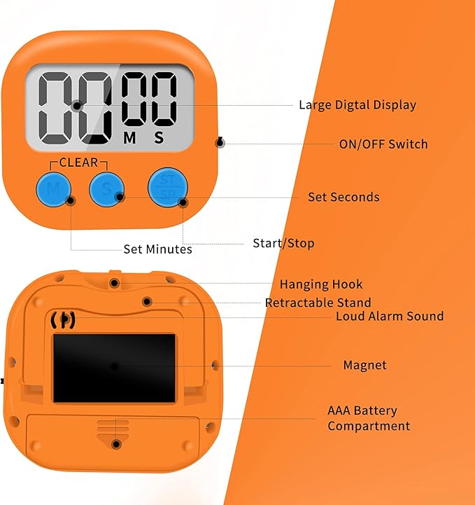 6 Pack Small Digital Kitchen Timer Magnetic Back and ON/Off Switch,Minute Second Count Up Countdown (Orange) - Image 3