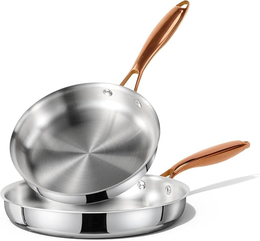 CAROTE 8"+10" Stainless Steel Frying Pan Set, Non-Toxic PTFE & PFOA Free Fry Pan & Omelet Pan, Oven Safe, Compatible with Induction, Ceramic, Gas Cooktops, Gold by CAROTE