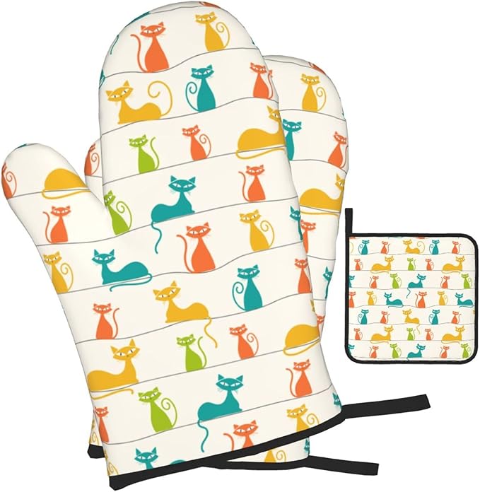 Mid Century Modern Cats Oven Mitts and Pot Holders Set Heat Resistant Cute Oven Gloves for BBQ Baking Grilling Cooks Kitchen Decor 3 Piece - Image 2