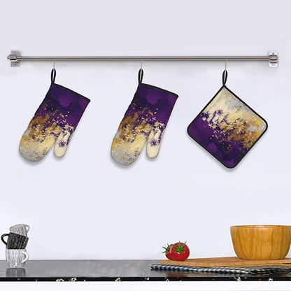 3 - Piece Purple and Gold Splash Patterned Oven Mitts and Pot Holders Set, Heat Resistant Non-Slip Modern Abstract Art Purple Kitchen Gloves for Cooking Baking Grilling, Gifts for Women, Home Decor