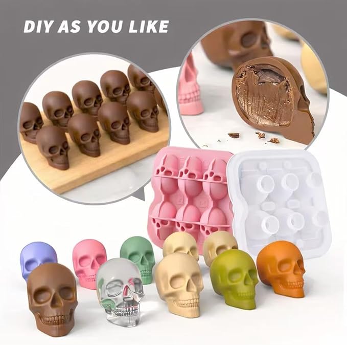 Skull Ice Cube Mold, 6-Cavity Silicone Ice Tray for Whiskey, Cocktails, and Beverages, Food-Grade Flexible Ice Maker for Halloween & Party Drinks, Easy Release & Dishwasher Safe (Pink)