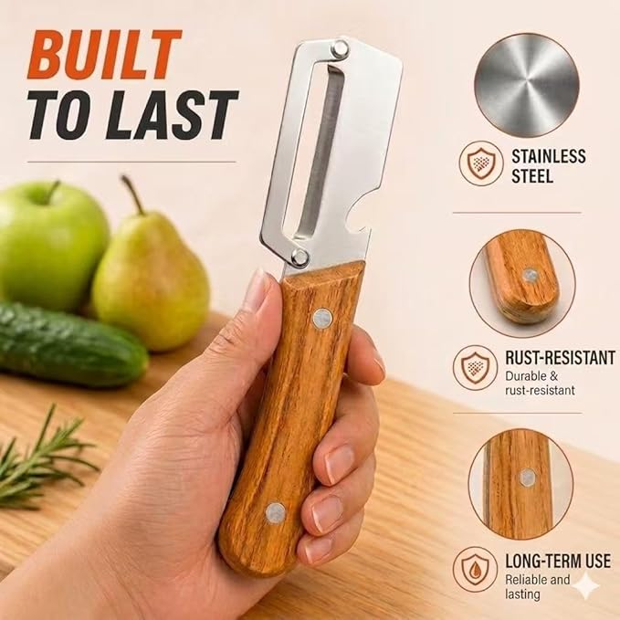 2-Pack Vegetable Peeler with Bottle Opener, Thickened Stainless Steel Wide Blade for Smooth Peeling, Wooden Handle Kitchen Peeler for Fruits & Vegetables