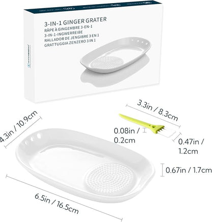 KITCHENDAO 3 in 1 Porcelain Ginger Grater Tool Spoon Rest Herb Stripper, 6.5 x 4.3 inches for Kitchen, Japanese Ceramic Garlic Grinding Wasabi Grater Plate Dish for Daikon Radish & Parmesan Cheese - Image 2