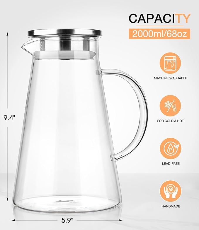 LUNA&MANTHA Glass Pitcher, 2 Liter 68oz Water Pitcher with lid and Handle, Large Ice Tea Jug for Fridge, Borosilicate Glass Carafe for Hot/Cold Drink, Juice, Coffee, Milk, Beverage - Image 4