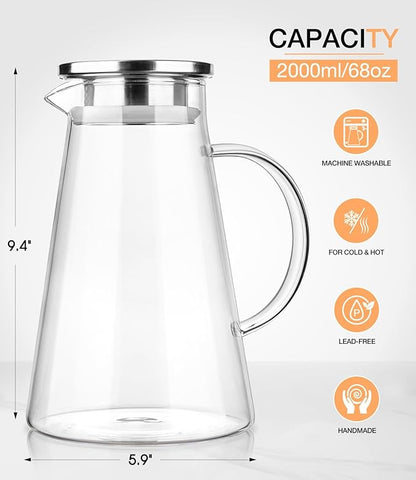 LUNA&MANTHA Glass Pitcher, 2 Liter 68oz Water Pitcher with lid and Handle, Large Ice Tea Jug for Fridge, Borosilicate Glass Carafe for Hot/Cold Drink, Juice, Coffee, Milk, Beverage - Image 4