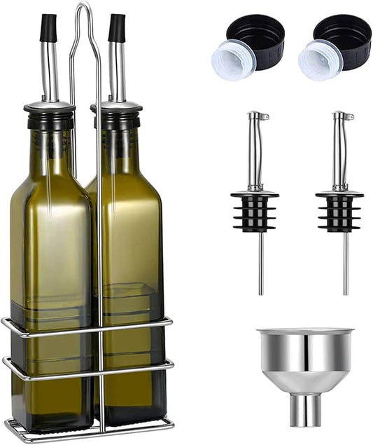 Glass Olive Oil Bottle - 250ml Second Generation Brown Oil & Vinegar Cruet with Pourers and Funnel - Olive Oil Carafe Decanter for Kitchen - (8.5 Oz Ounce) by Gusnilo
