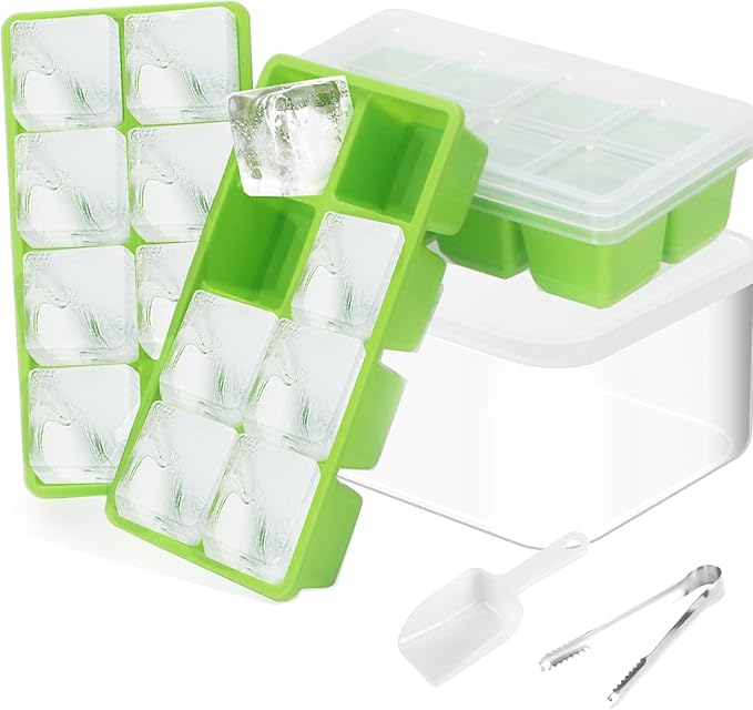 Ice Trays for Freezer with Lid and Bin, JRISBO 6 Pack Silicone Ice Cube Tray Storage Iced Bucket Kits, Stackable & Leak Proof Large Ice Cube Molds for Cocktail, Whiskey, Soup, Baby Food by Jrisbo