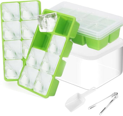 Ice Trays for Freezer with Lid and Bin, JRISBO 6 Pack Silicone Ice Cube Tray Storage Iced Bucket Kits, Stackable & Leak Proof Large Ice Cube Molds for Cocktail, Whiskey, Soup, Baby Food by Jrisbo
