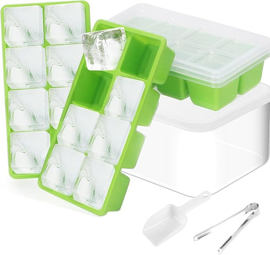 Ice Trays for Freezer with Lid and Bin, JRISBO 6 Pack Silicone Ice Cube Tray Storage Iced Bucket Kits, Stackable & Leak Proof Large Ice Cube Molds for Cocktail, Whiskey, Soup, Baby Food by Jrisbo