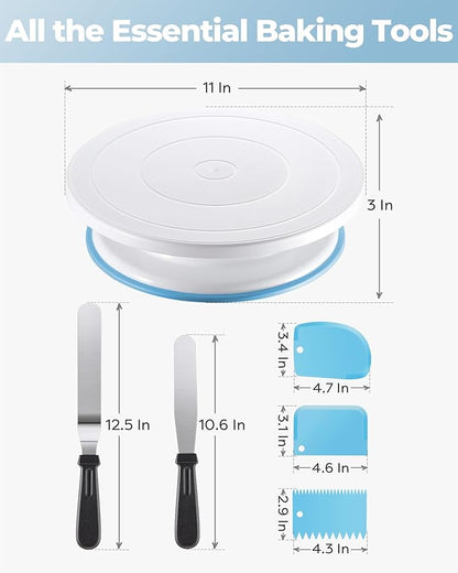 Kootek Cake Decorating Kit Baking Supplies Set Cake Turntable with 2 Frosting Straight Angled Spatula 3 Icing Smoother Scrapers Baking Accessories Tools for Beginners and Pros, Mother's Day, Blue - Image 7