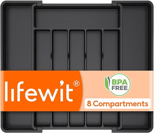 Lifewit Silverware Drawer Organizer, Expandable Utensil Tray for Kitchen, BPA Free Flatware and Cutlery Holder, Adjustable Plastic Storage for Spoons Forks Knives, 11-18 x 14", Black by Lifewit